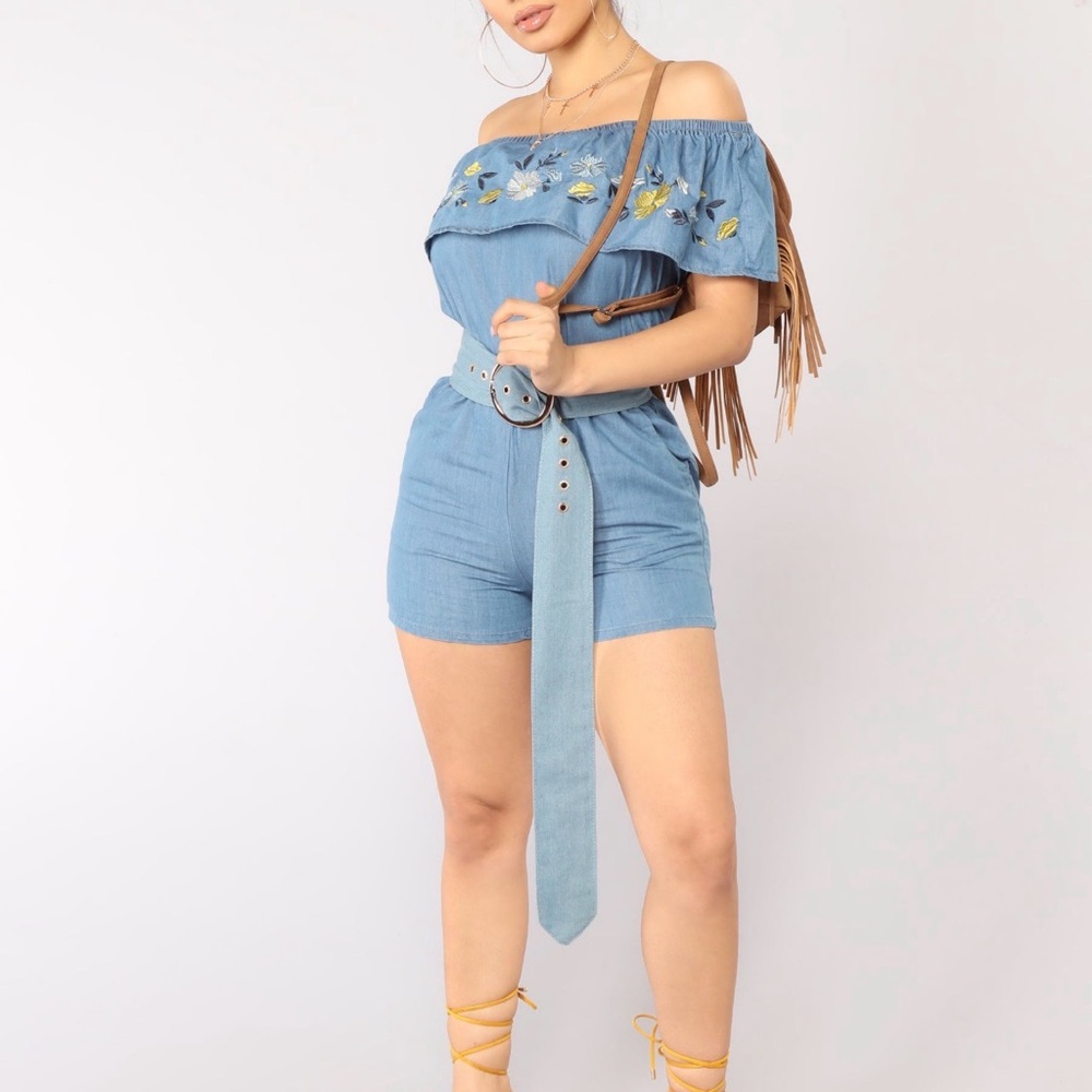 Off-Shoulder Blue Romper with Floral Embroidery